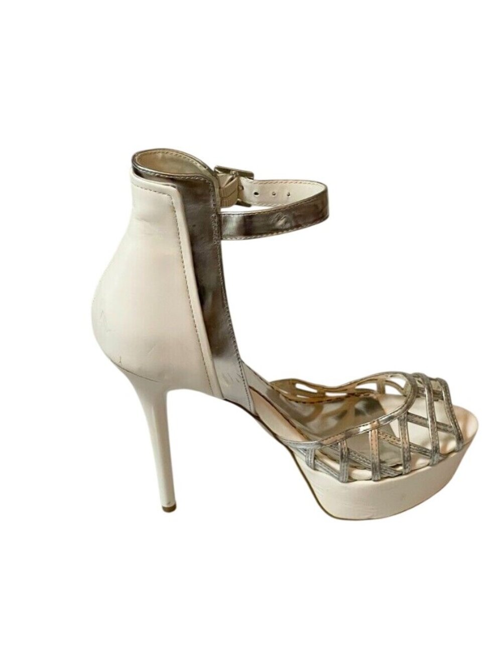 Bebe White & Silver Strappy Leather Platform Heels With Ankle Strap - Size 9 - Picture 8 of 12